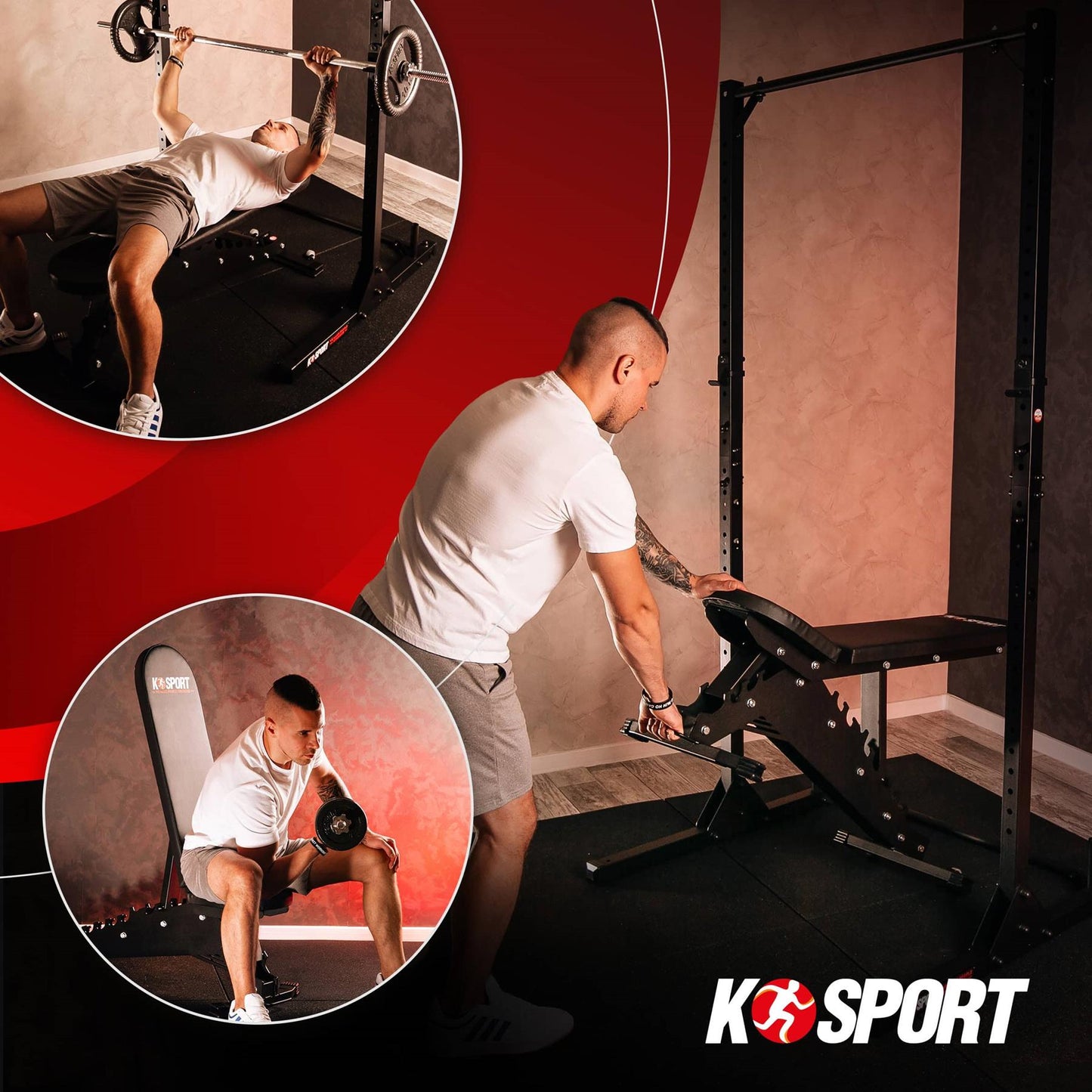Man adjusting adjustable weight bench in home gym