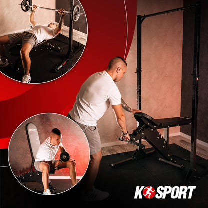 Man adjusting adjustable weight bench in home gym