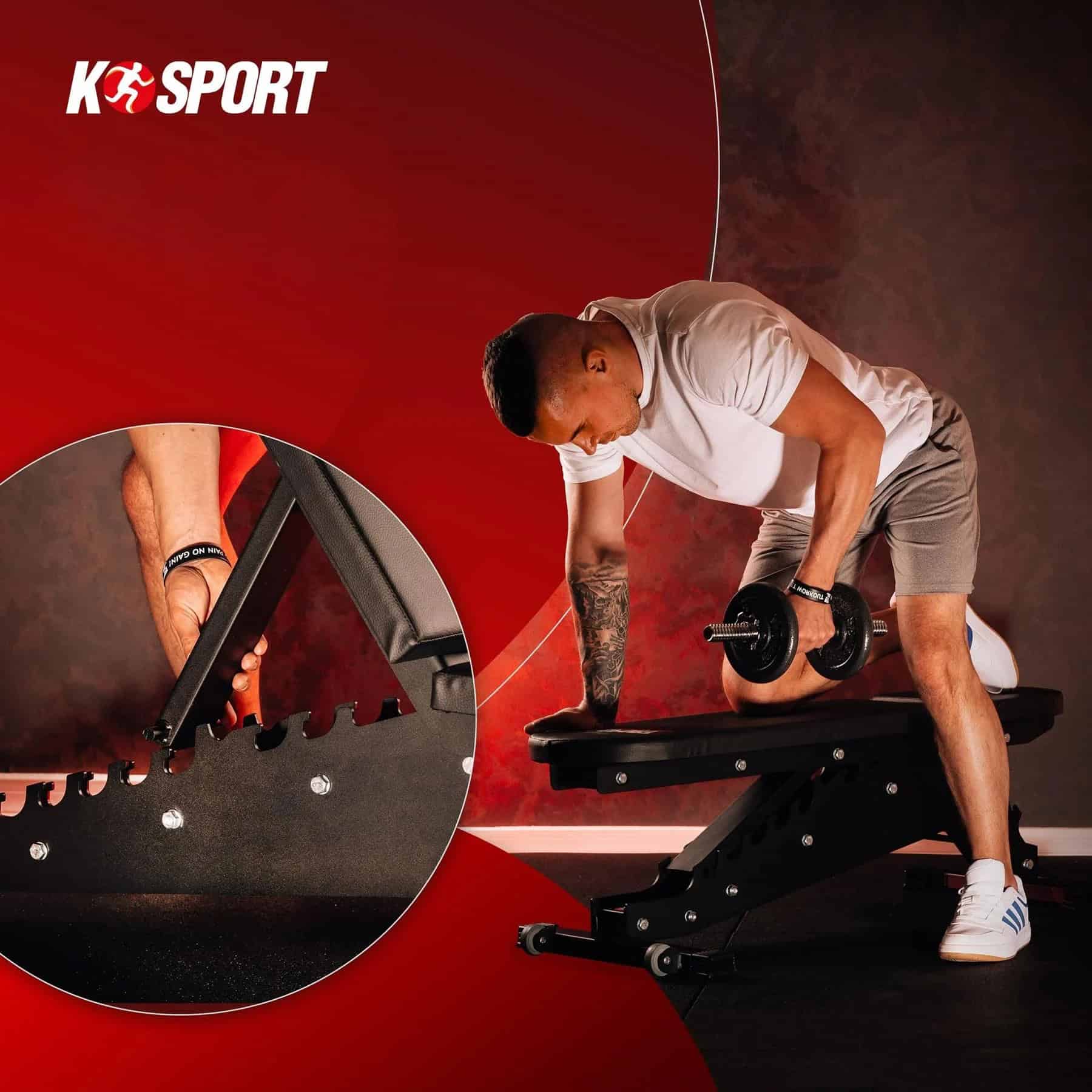 Man performing dumbbell row on adjustable weight bench