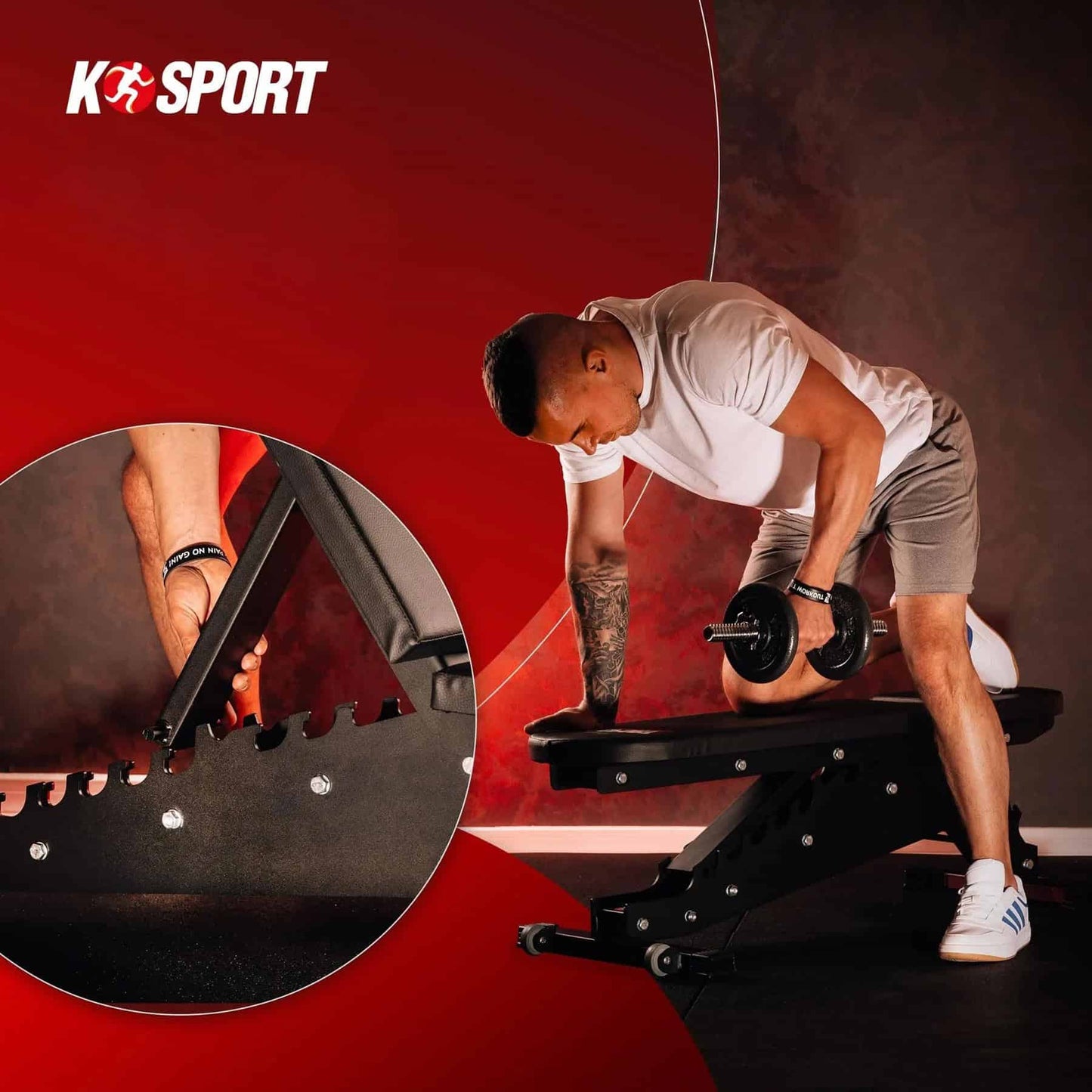 Incline dumbbell row exercise on adjustable workout bench