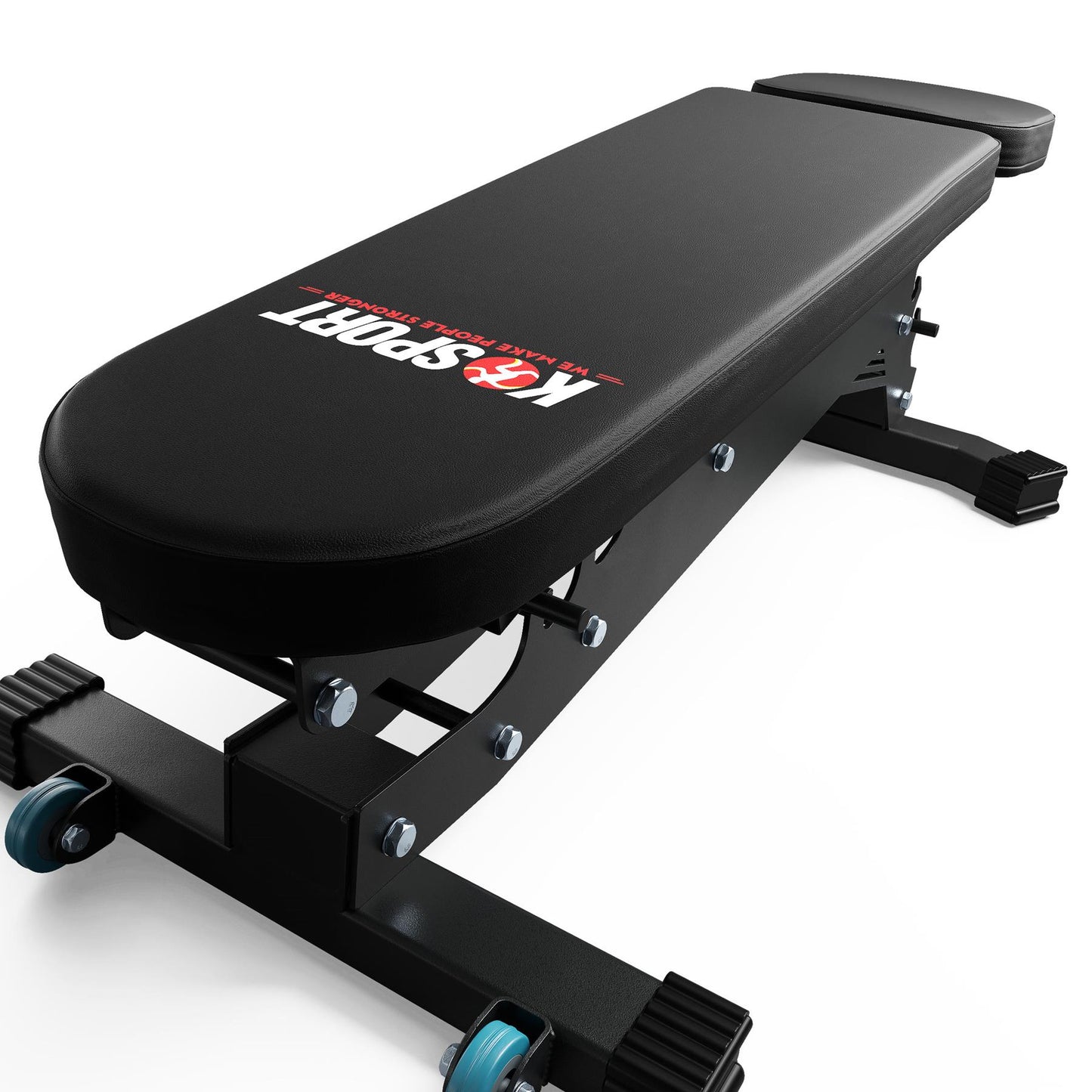 Heavy duty gym bench with thick padding and transport wheels