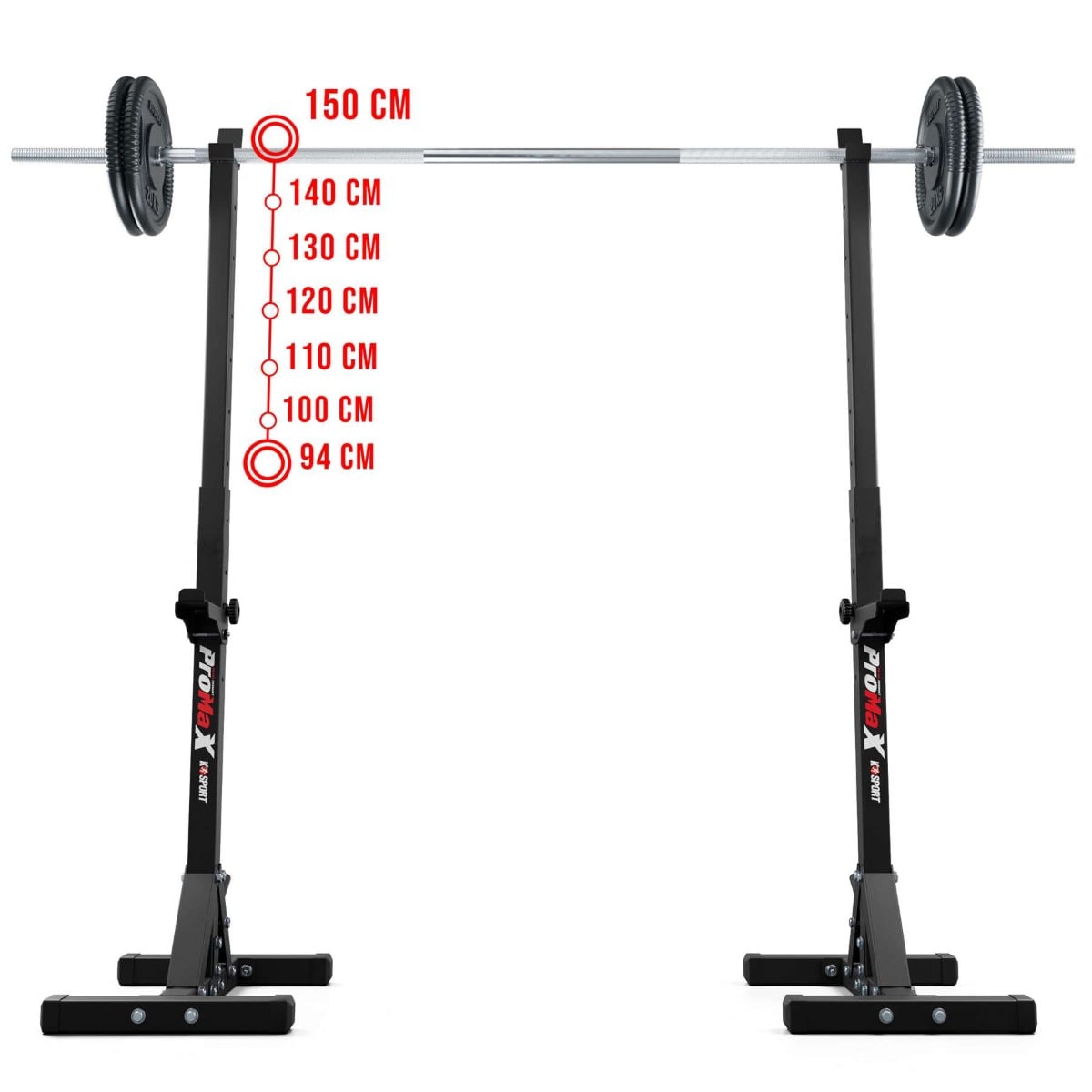 K-Sport squat rack with barbell and weight plates, showing adjustable height levels up to 150 cm
