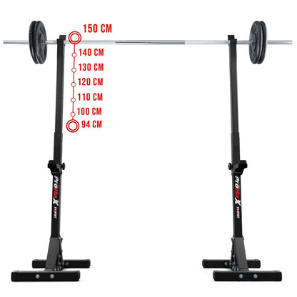 K-Sport squat rack with barbell and weight plates, showing adjustable height levels up to 150 cm