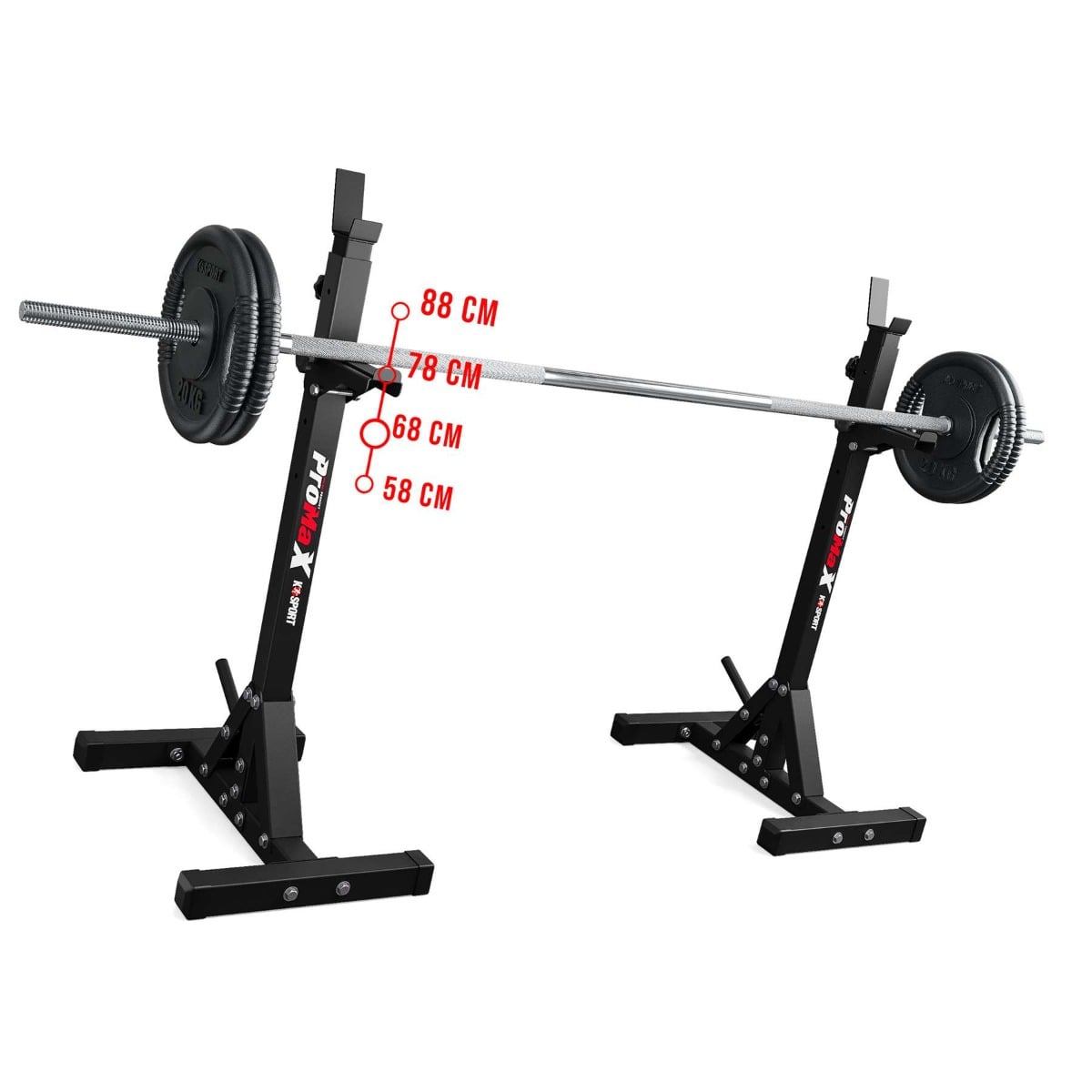 K-Sport adjustable squat rack with barbell set, demonstrating multiple height setting
