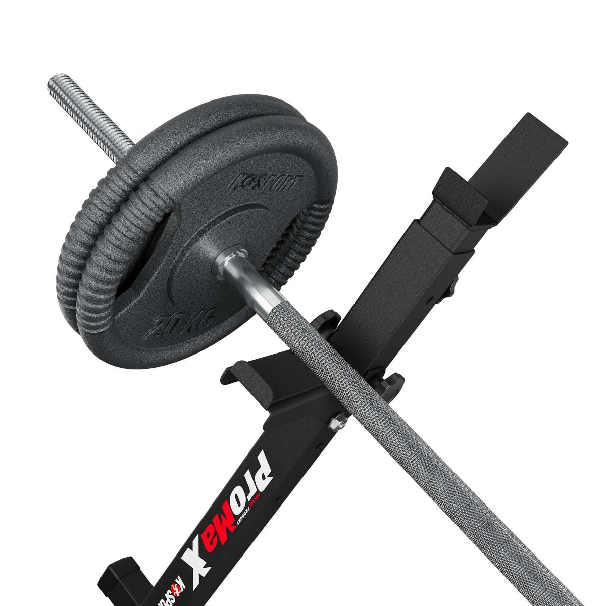 Close-up of K-Sport barbell squat rack with weight plates securely positioned on the rack