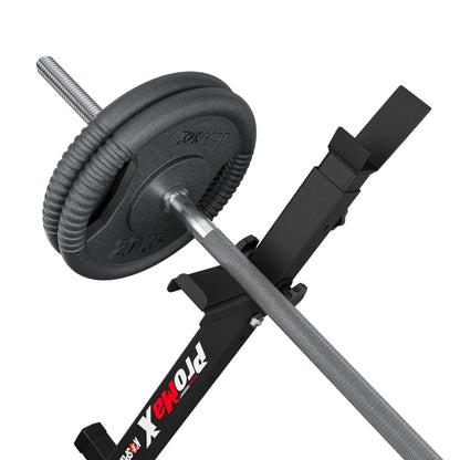 Close-up of K-Sport barbell squat rack with weight plates securely positioned on the rack