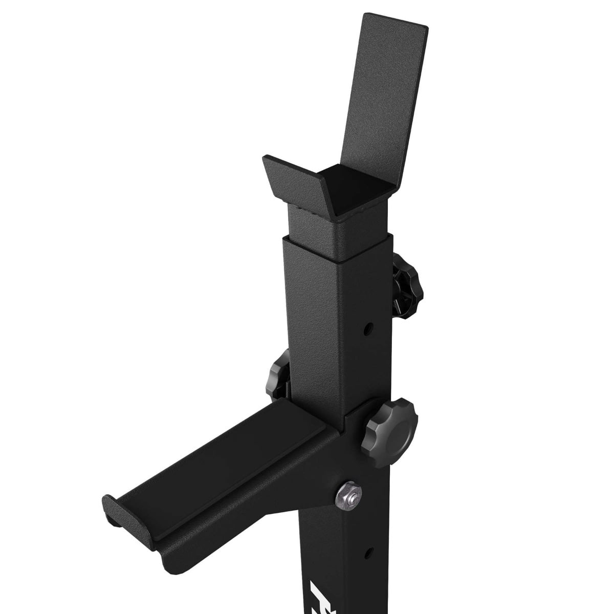 Detail view of K-Sport squat rack's adjustable barbell holder and safety catch