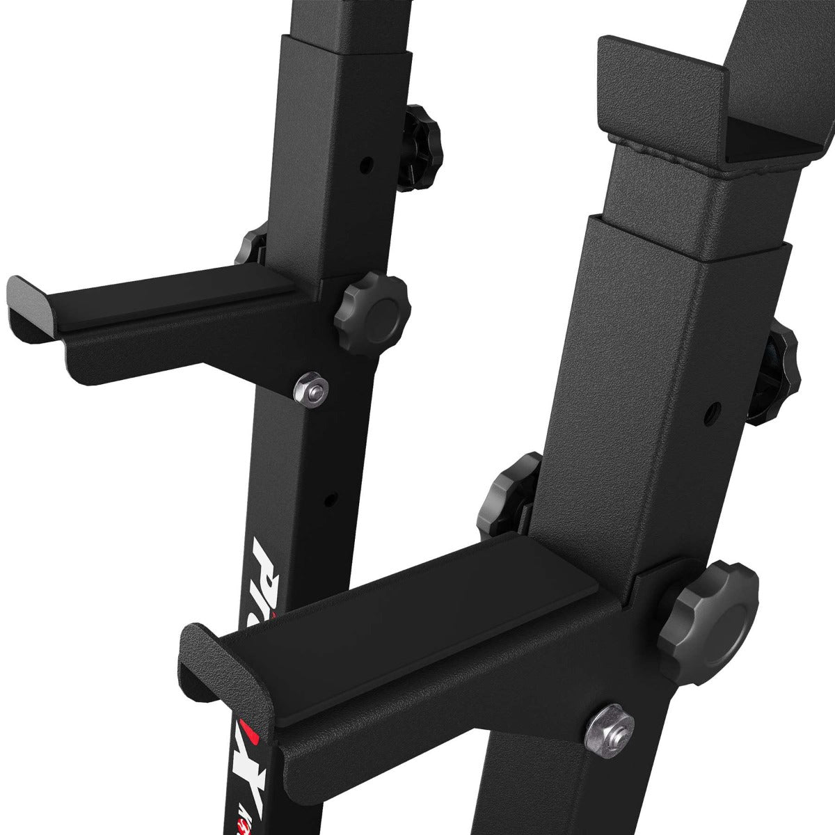 Close-up of the robust steel frame and barbell holders of the K-Sport squat rack