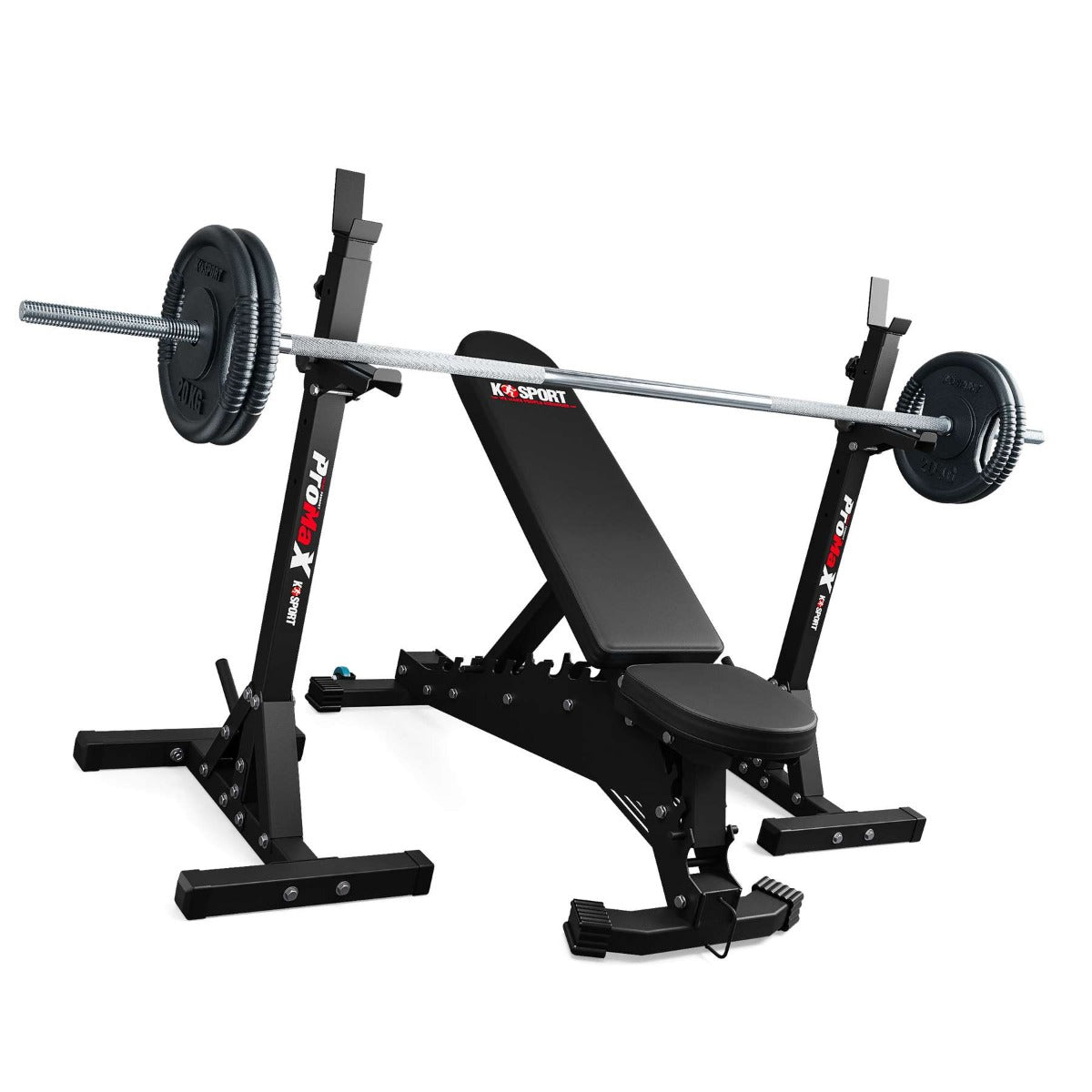 K-Sport heavy-duty squat rack paired with an adjustable workout bench for versatile fitness training