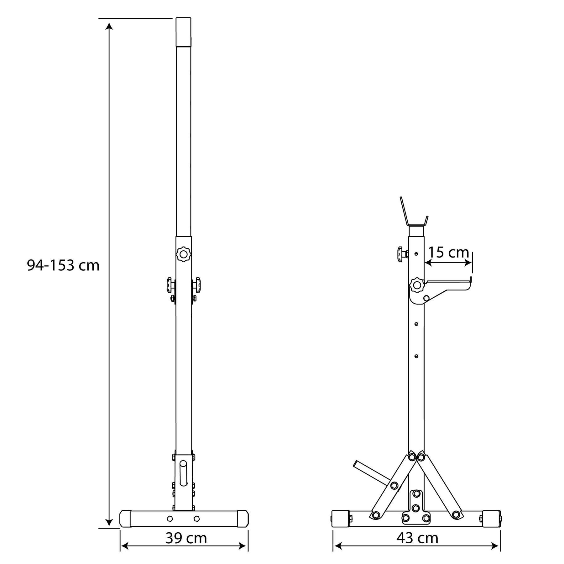 Technical dimensions of heavy duty barbell squat rack with adjustable height range