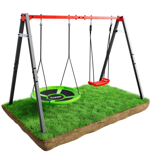 K-Sport metal children's swing set with nest swing and single seat on grass base, front angled view
