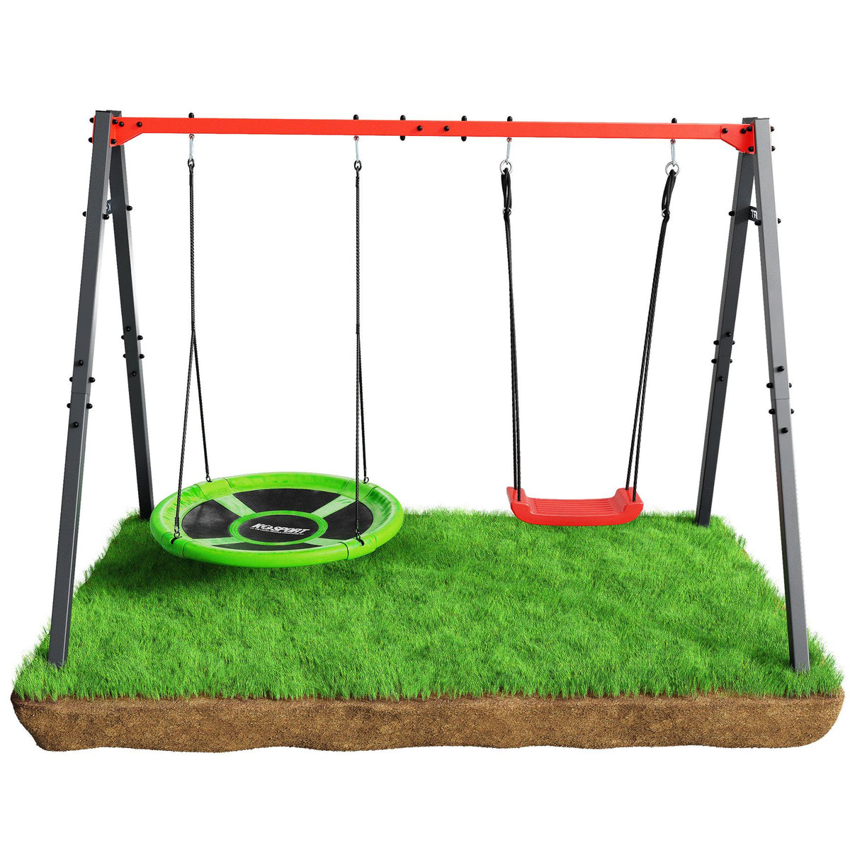 K-Sport kids swing set with round nest swing and red seat, front view on artificial grass platform