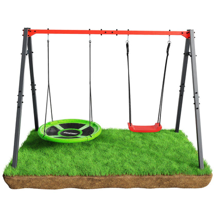K-Sport kids swing set with round nest swing and red seat, front view on artificial grass platform