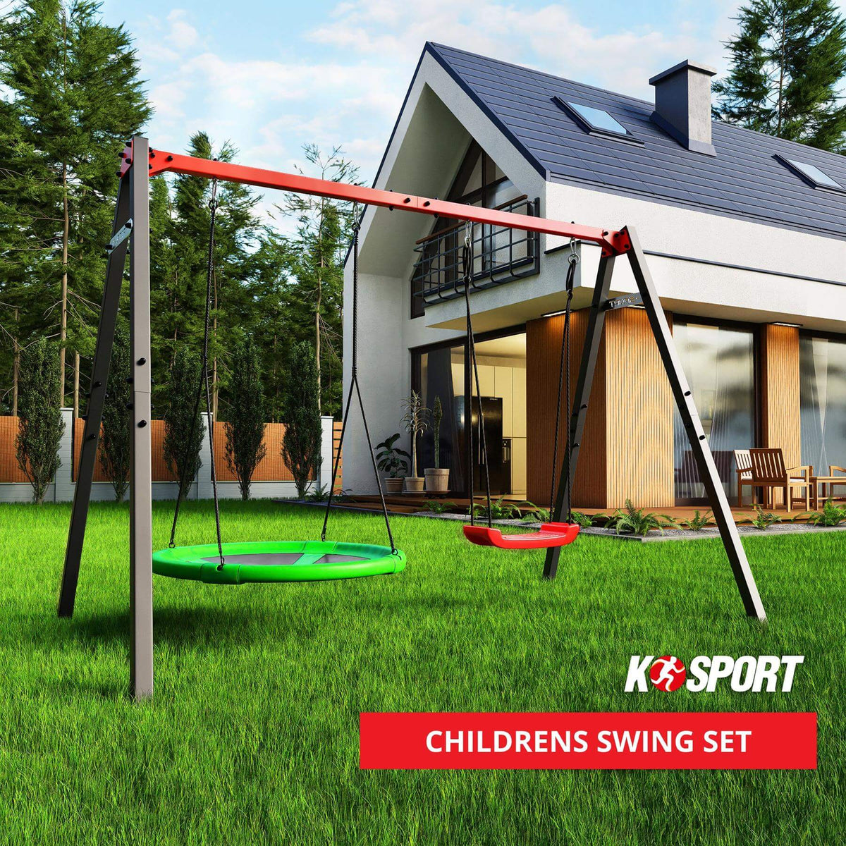 K-Sport outdoor children's swing set installed in modern backyard garden with house background