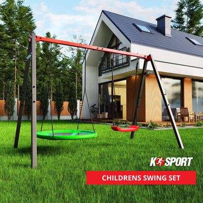 K-Sport outdoor children's swing set installed in modern backyard garden with house background