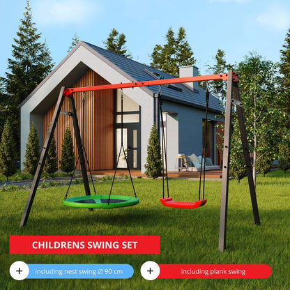 K-Sport kids swing set with 90 cm nest swing and classic seat, garden installation view