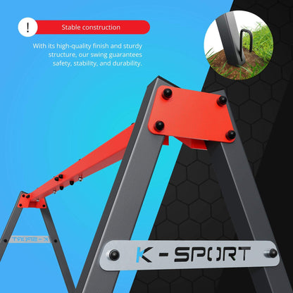 K-Sport children's swing set close-up showing sturdy steel frame and reinforced joints for stability