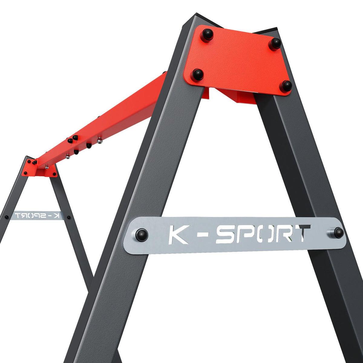 K-Sport swing frame detail with metal support beam and branding plate, durable construction
