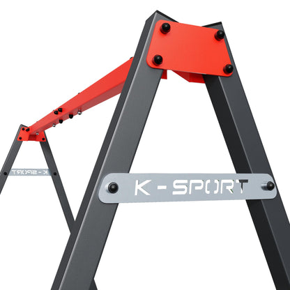 K-Sport swing frame detail with metal support beam and branding plate, durable construction