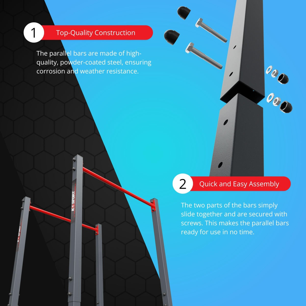Assembly detail of outdoor parallel bars with bolts and steel posts