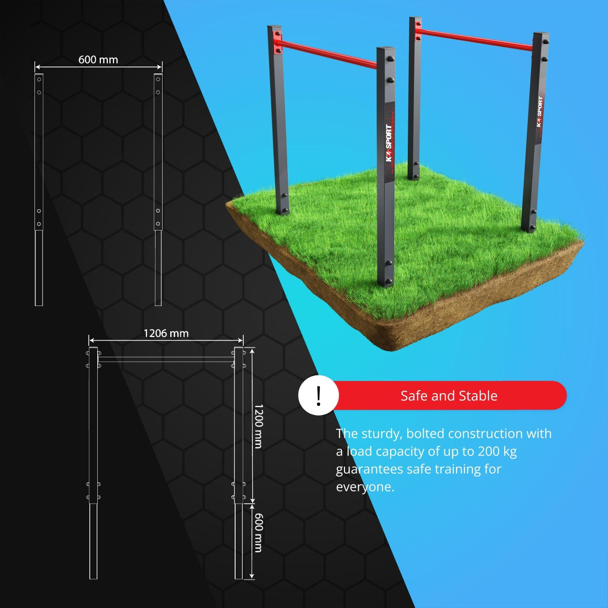 Technical dimensions of outdoor parallel bars for garden training