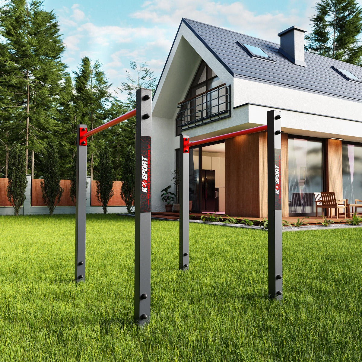 Outdoor fitness equipment in a garden with a house in the background