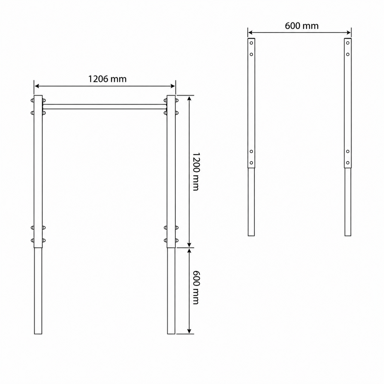 Technical dimensions of parallel bars for garden with width height and ground installation depth