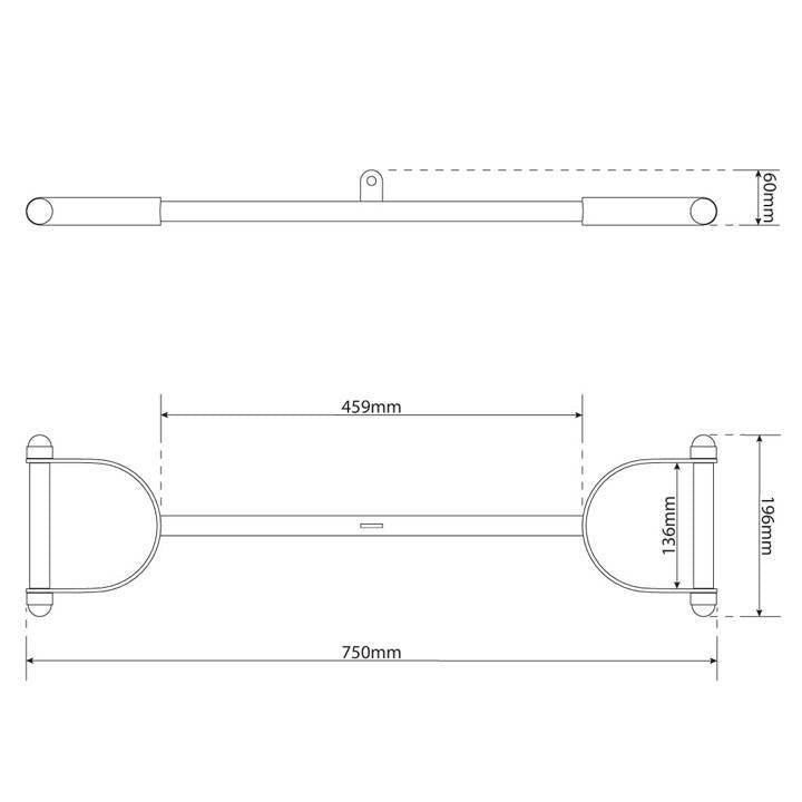 Technical dimensions of Lat Pull Down Bar with Handles showing 750 mm overall width, 196 mm height and 60 mm depth
