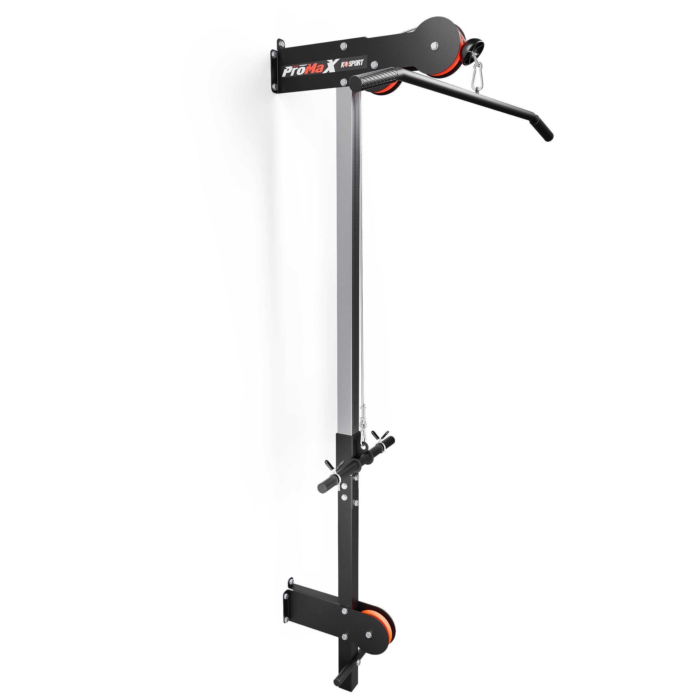 K-Sport ProMax wall-mounted lat pulldown machine with upper and lower pulley, shown from the side