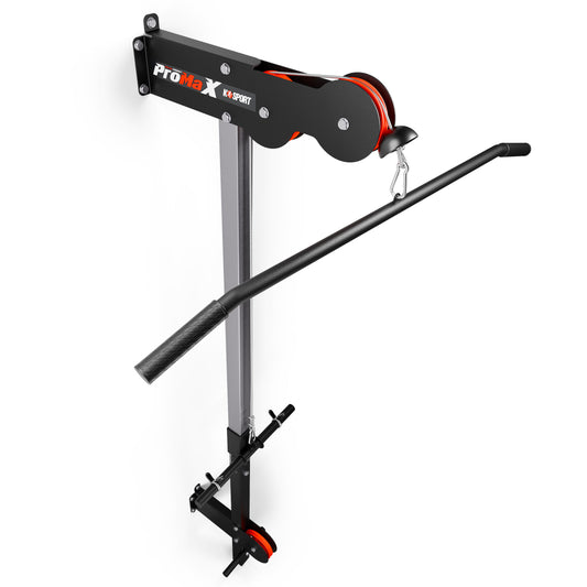 K-Sport ProMax wall pulley station with wide lat pulldown bar attached to the upper cable