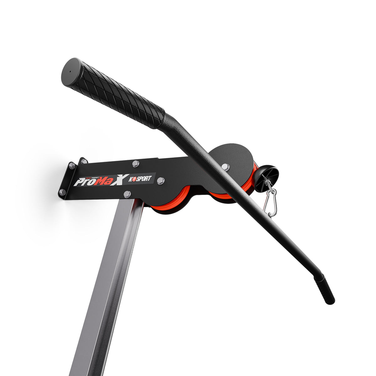 Close-up of the K-Sport ProMax upper pulley housing with lat bar and carabiner attachment