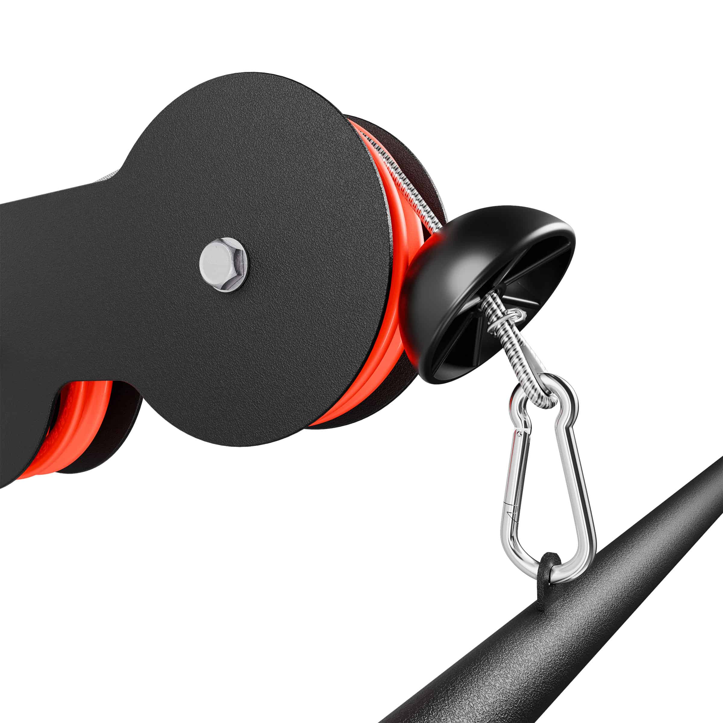 Detail of the ProMax cable pulley system with steel carabiner clipped to the lat bar