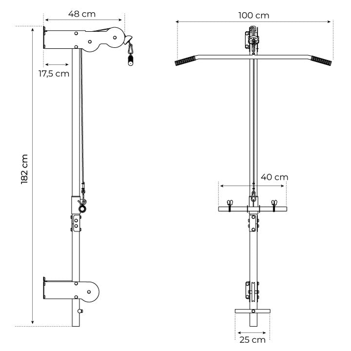 Technical dimension drawing of the K-Sport ProMax: 182 cm height, 48 cm depth, 100 cm bar width