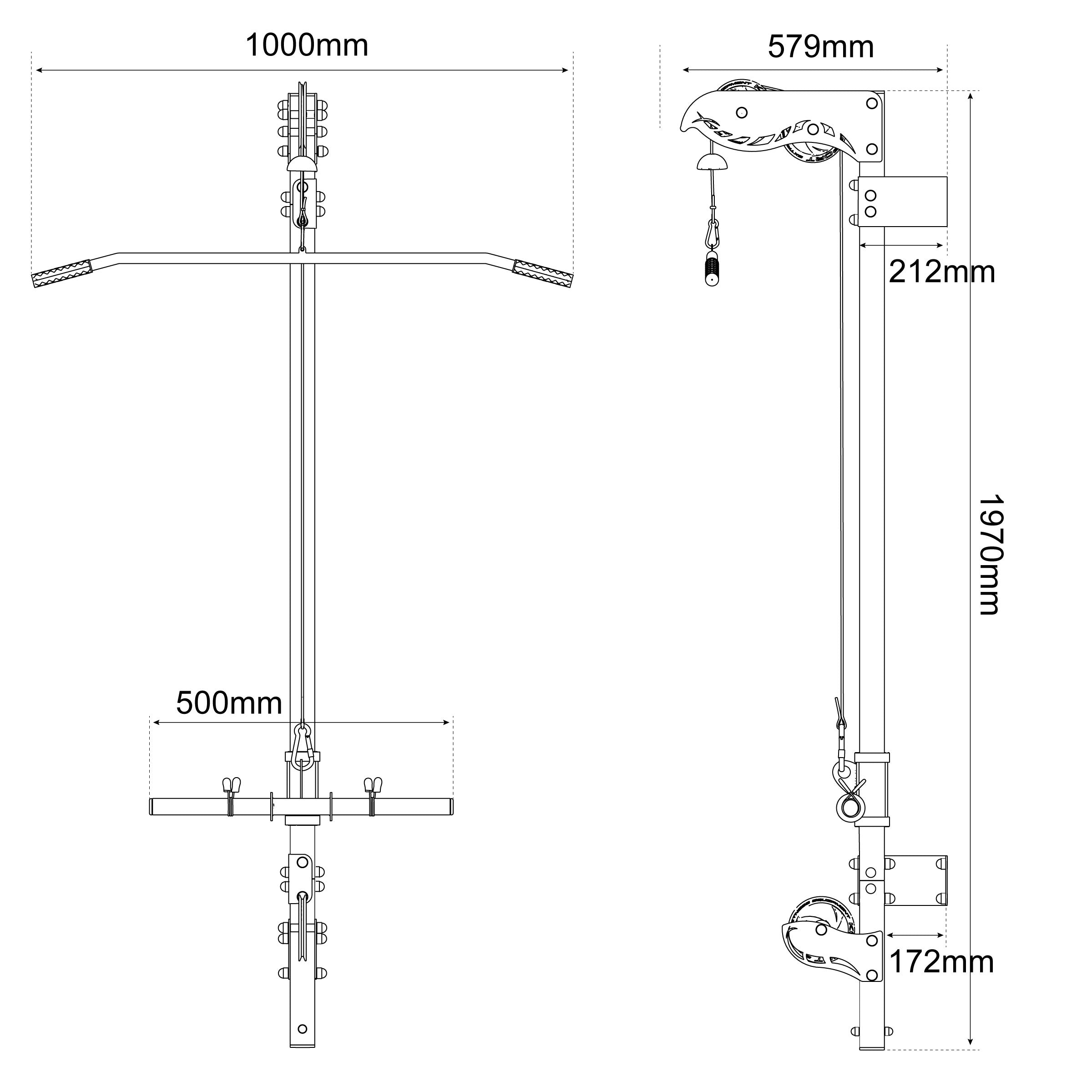 Technical dimensions of wall-mounted lat pull down station