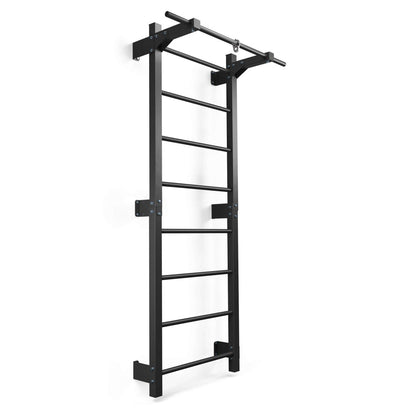 Metal fitness wall bars front view, wall-mounted gym ladder with integrated pull-up bar