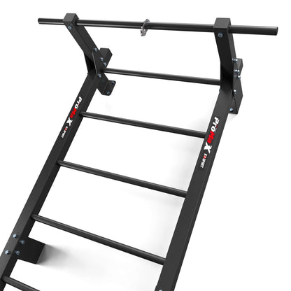 Metal fitness wall bars angled view, heavy-duty steel wall-mounted climbing ladder