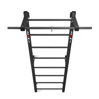 Metal fitness wall bars top view, integrated pull-up bar and ladder rungs for strength training