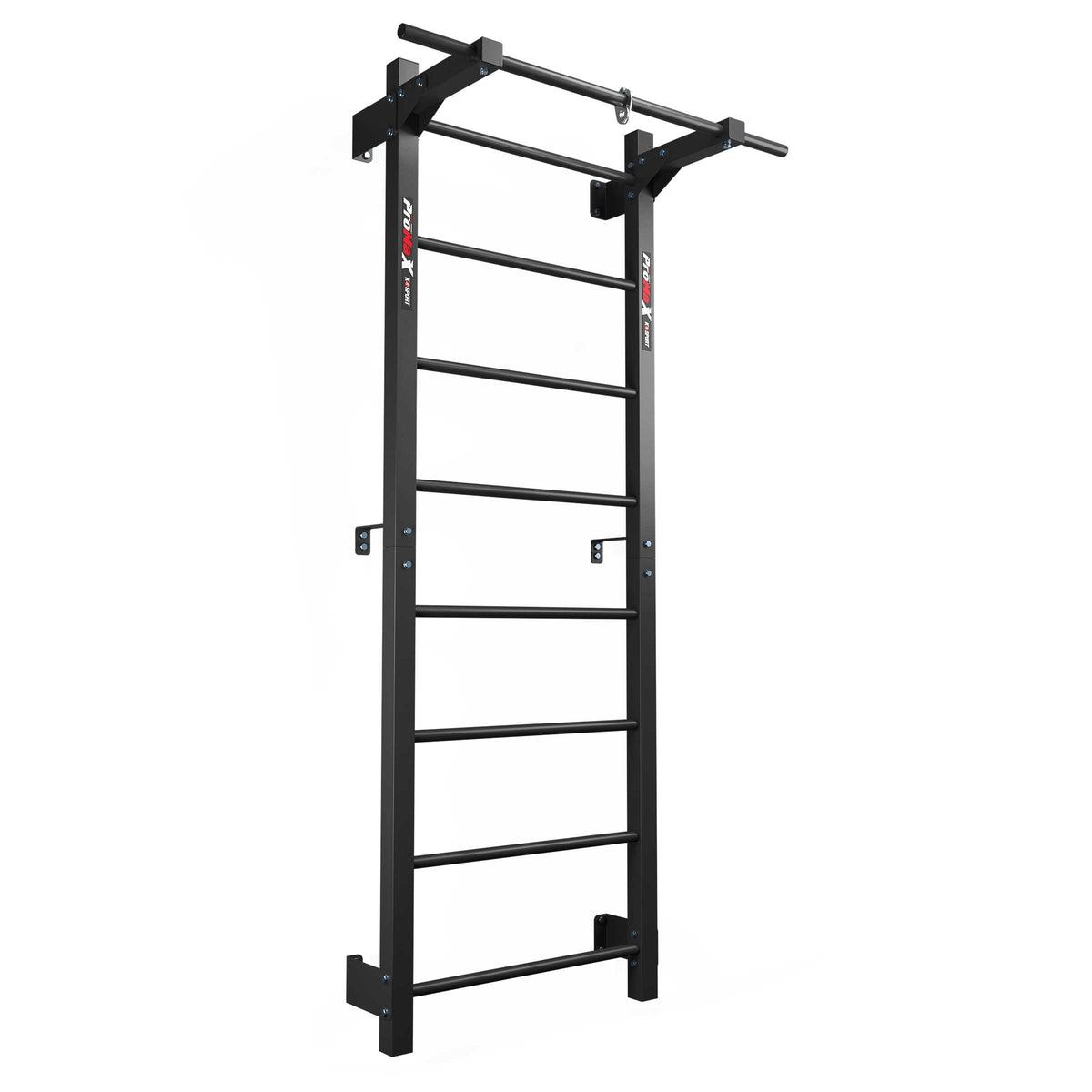 Metal fitness wall bars with integrated pull-up bar, angled front view
