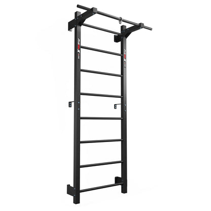 Metal fitness wall bars with integrated pull-up bar, angled front view