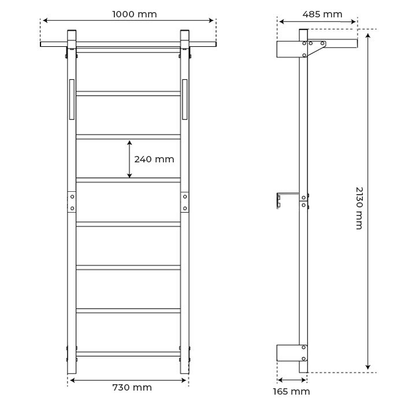 Dimensions of the wall bars with pull-up bar: 2150 mm high, 730 mm wide, pull-up bar 1000 mm, 485 mm from the wall