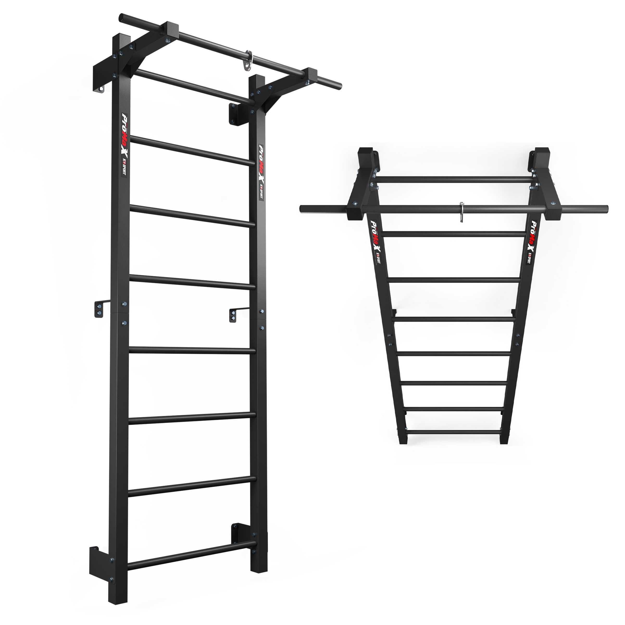 Metal fitness wall bars with pull-up bar and wall fixing brackets, front and top views