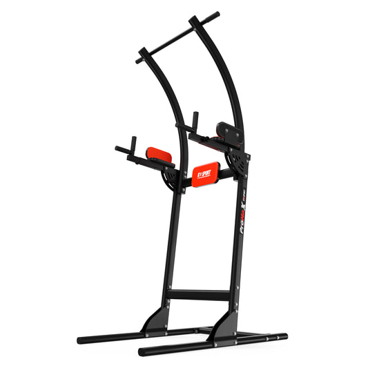 Angled view of the K-Sport freestanding dip and pull-up station with black steel frame