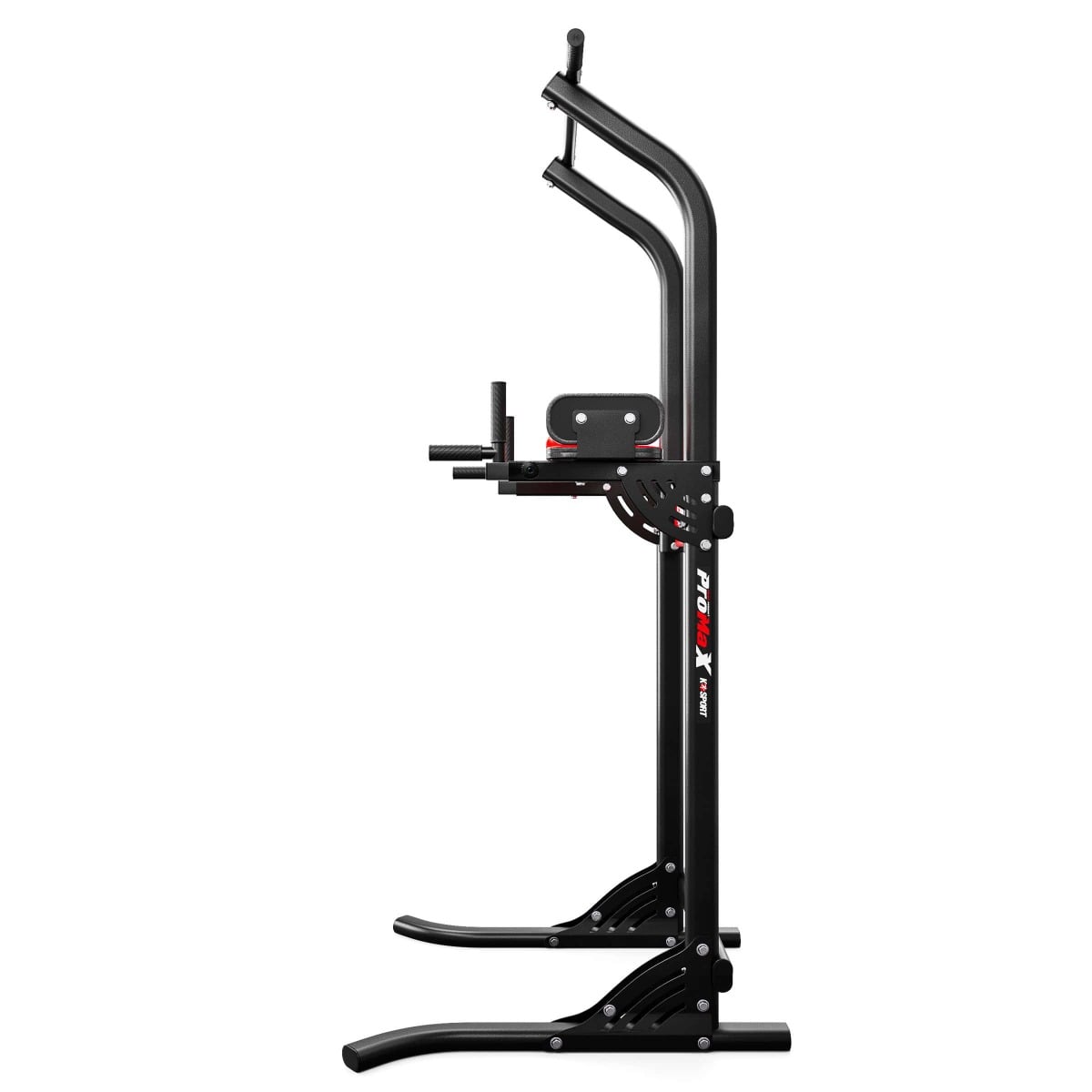 Side profile view of the Multi-Function Dip & Pull Up Station showing the stable curved base legs and vertical frame alignment