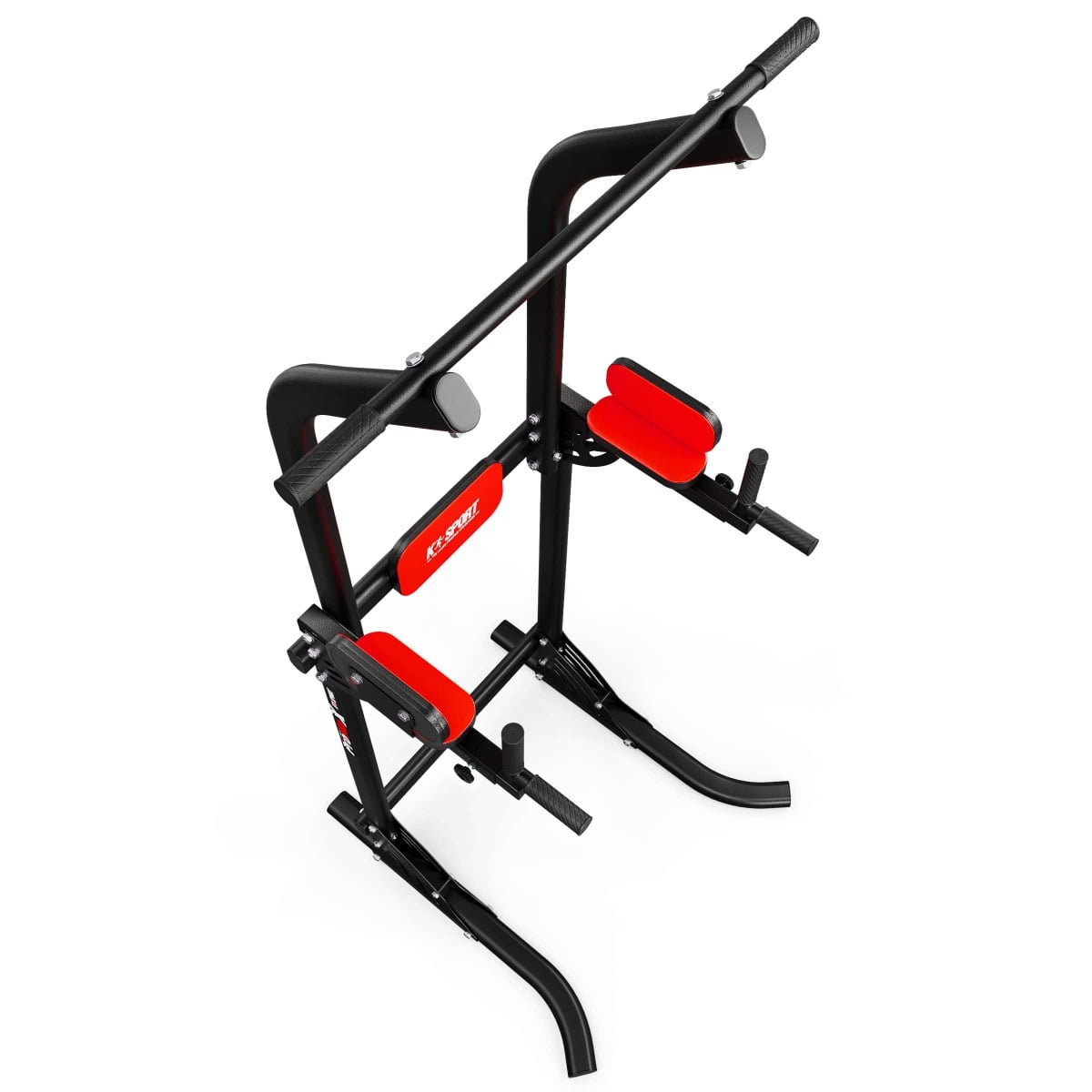 High-angle perspective showing the user's view of the dip handles and backrest on the Multi-Function Dip & Pull Up Station