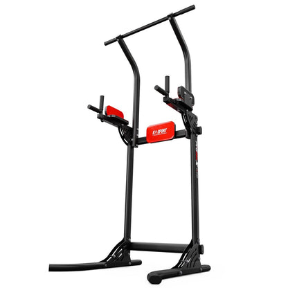 Angled full view of the black steel Multi-Function Dip & Pull Up Station featuring comfortable red padding and non-slip grips