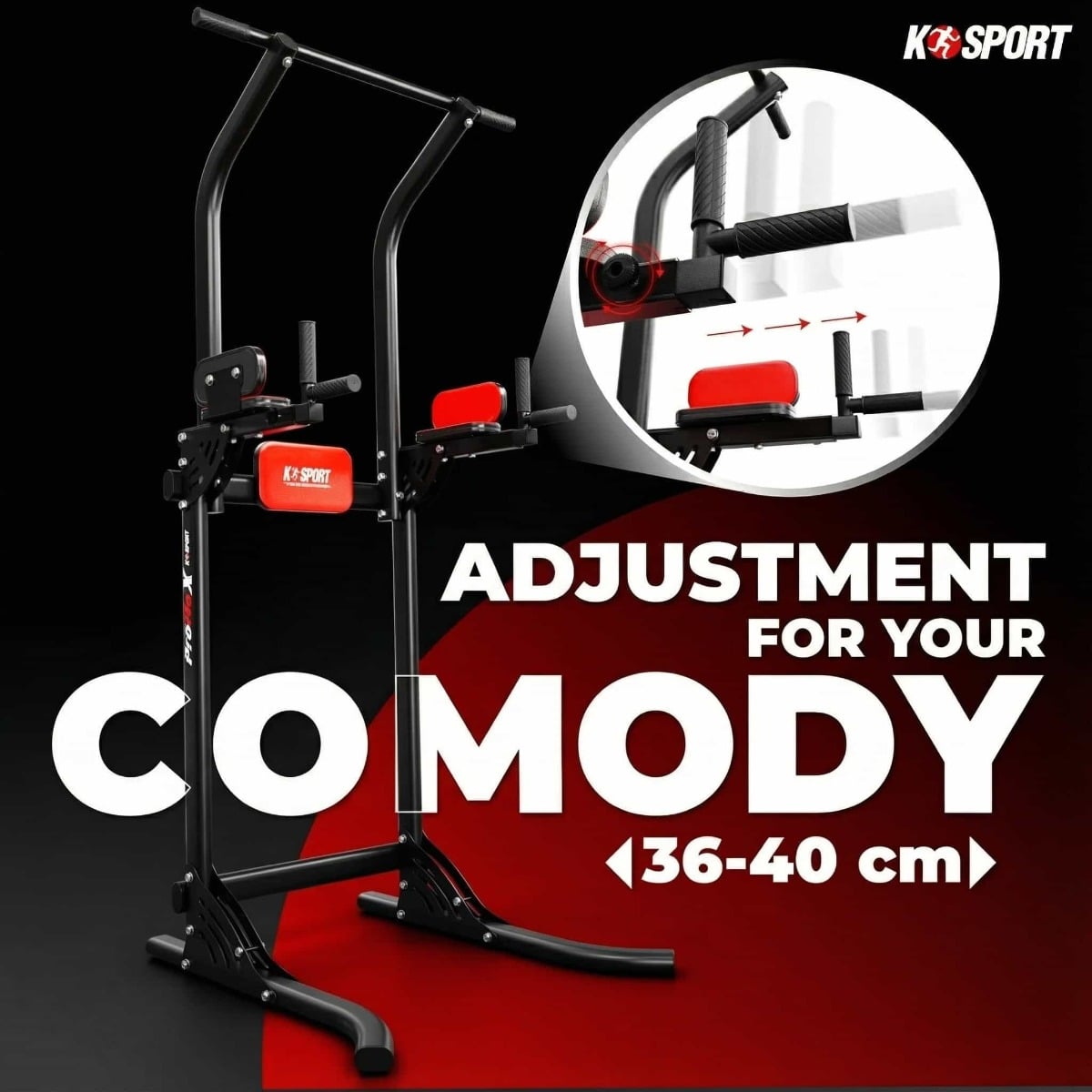 Infographic showing 36 to 40 cm adjustable handle width on dip and pull-up station
