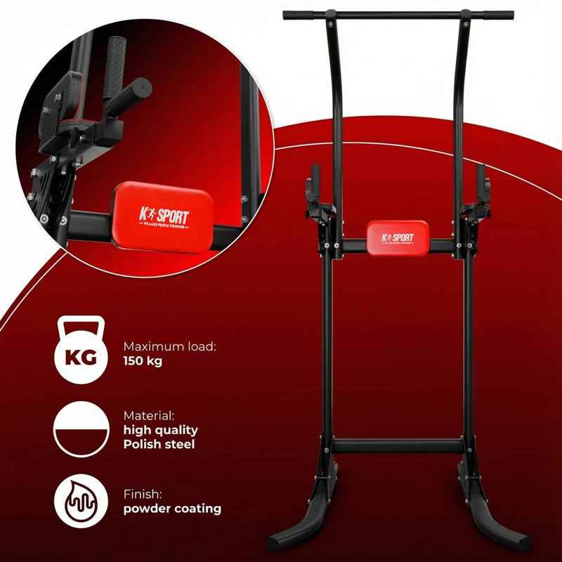 Feature highlight showing the 150 kg load capacity and high-quality Polish steel construction of the Multi-Function Dip & Pull Up Station