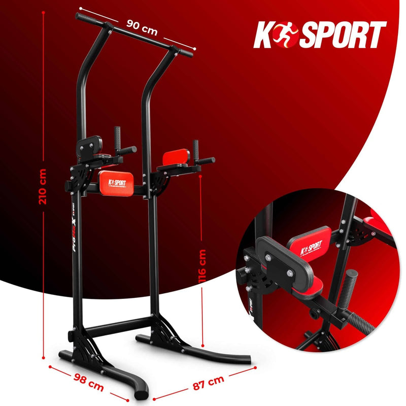 Technical diagram displaying the 210 cm height and base dimensions of the Multi-Function Dip & Pull Up Station