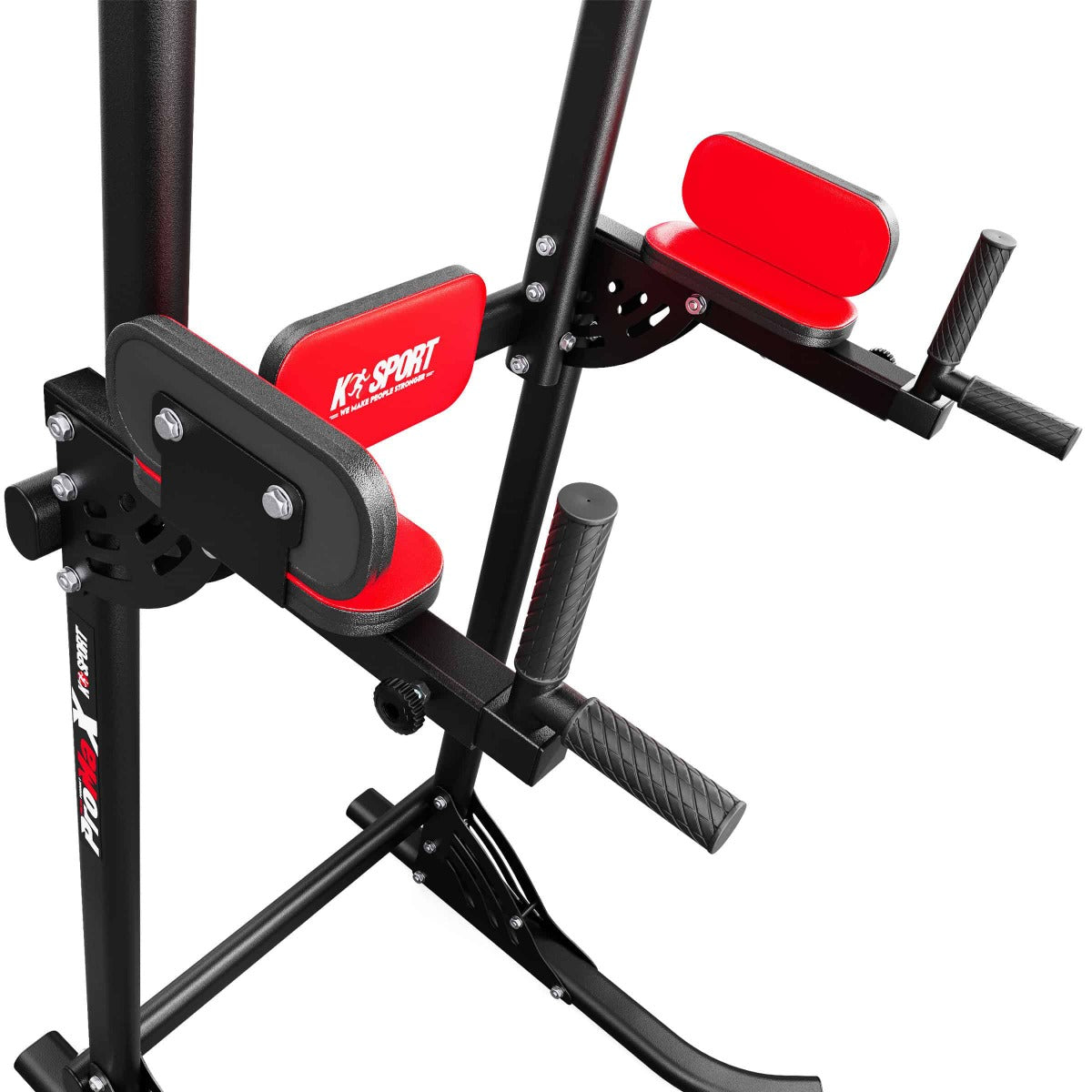Close-up of padded armrests and back support on multi-function dip and pull-up station