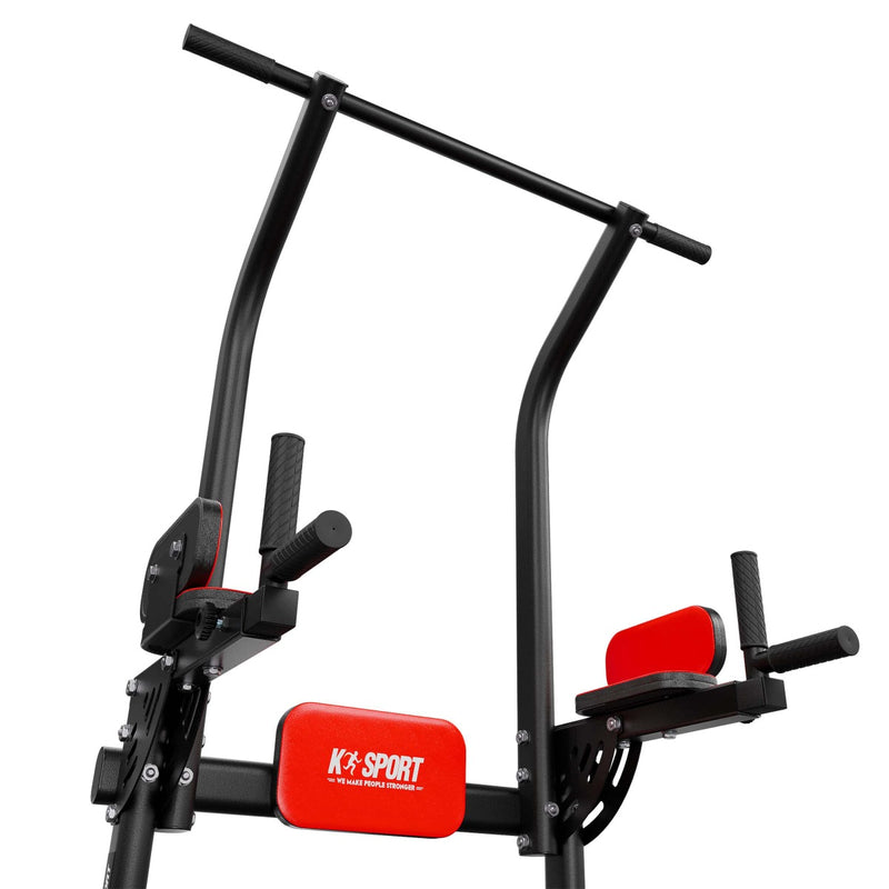 Low-angle view looking up at the wide pull-up bar frame and grips of the Multi-Function Dip & Pull Up Station